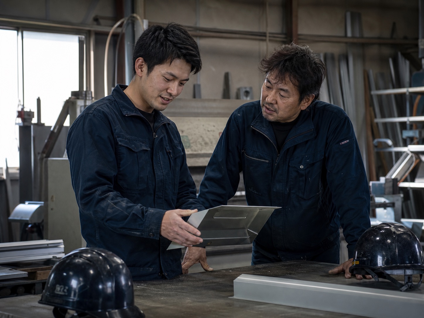 板金部材を確認する屋根職人