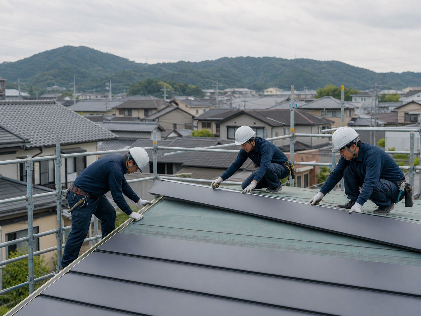 軽量屋根を施工する職人